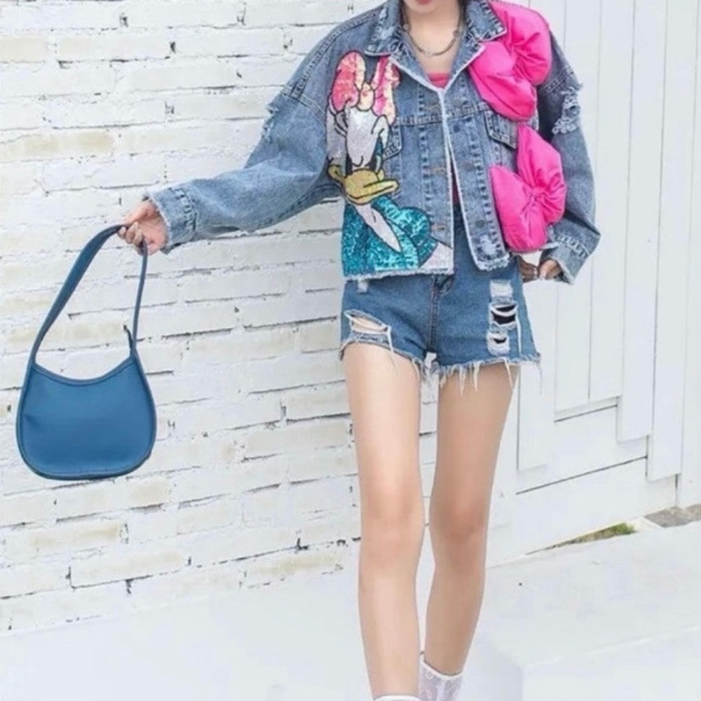 Denim Jacket with Daisy Duck Sequin Patch & Pink Bow Accent